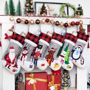 Faux Fur buffalo plaid christmas stocking, red check christmas stocking, personalized christmas stocking, embroidered buffalo plaid stocking
