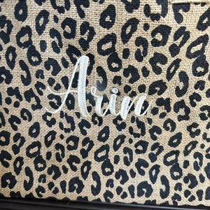 mothers day gift, Women's Personalized Leopard tote, Cheetah print burlap tote, christmas gift for her, bridesmaid gift, wedding gift, tote image 3