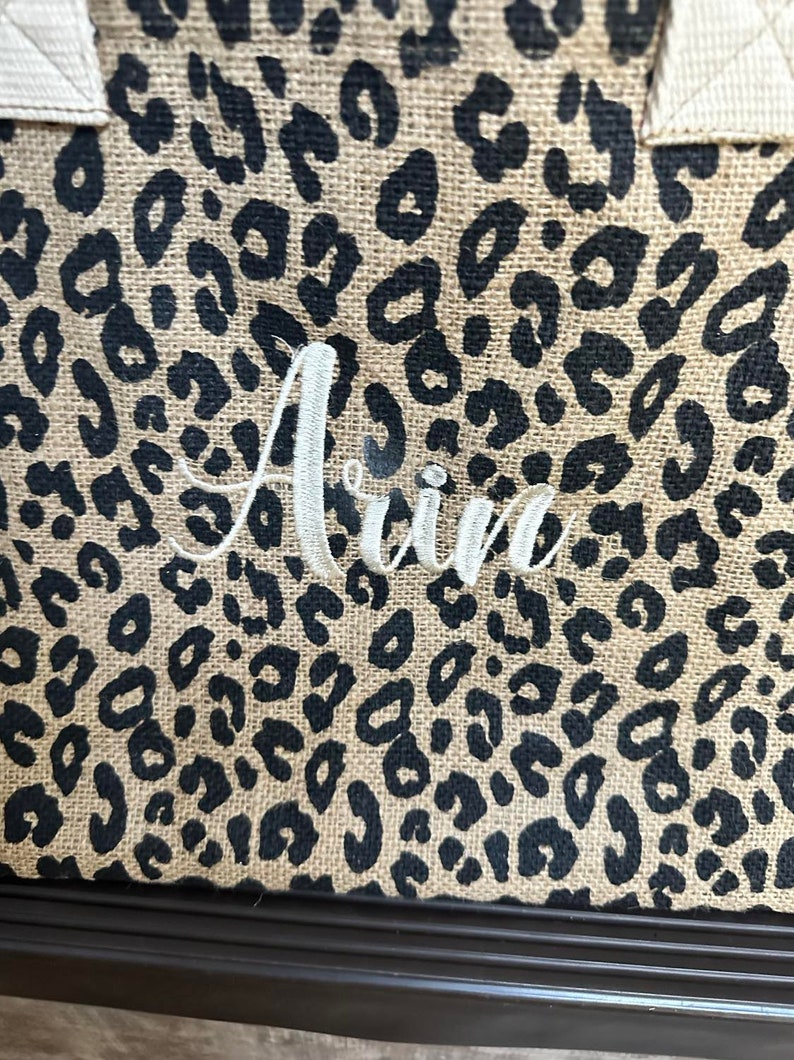 mothers day gift, Women's Personalized Leopard tote, Cheetah print burlap tote, christmas gift for her, bridesmaid gift, wedding gift, tote image 3