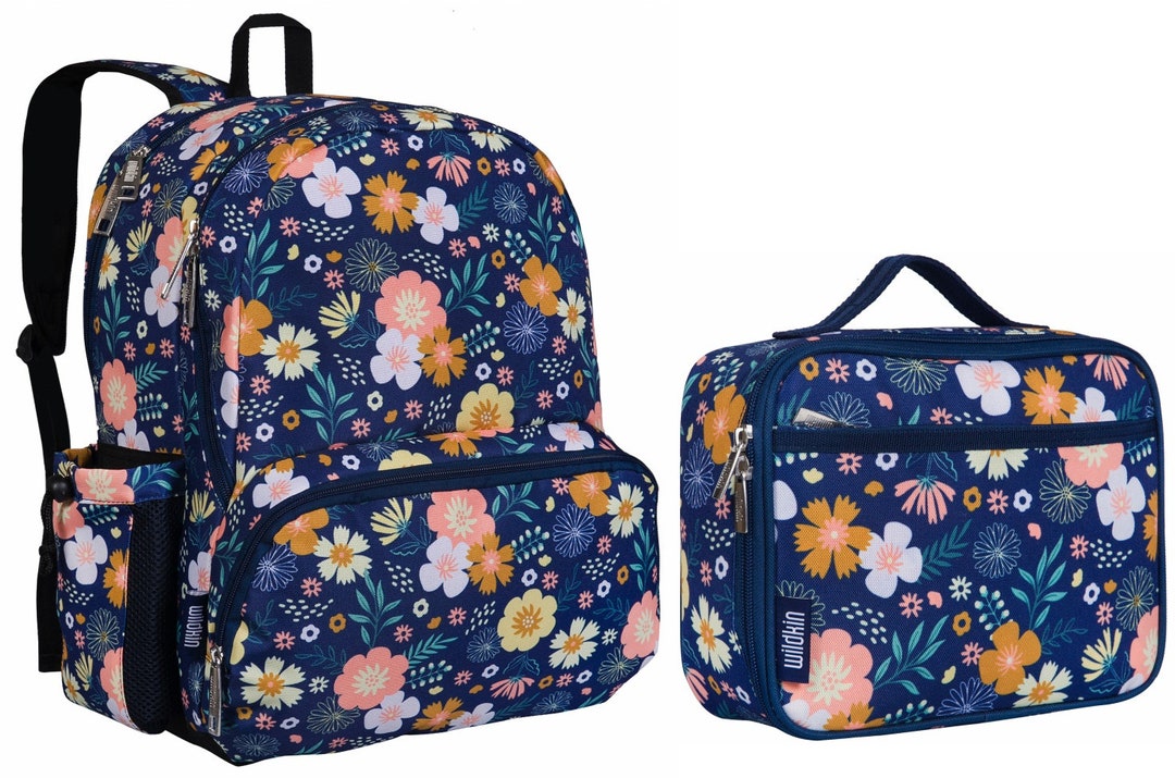Wildkin 17 Inch Wildflower Bloom Backpack Lunchbox Set, Monogram