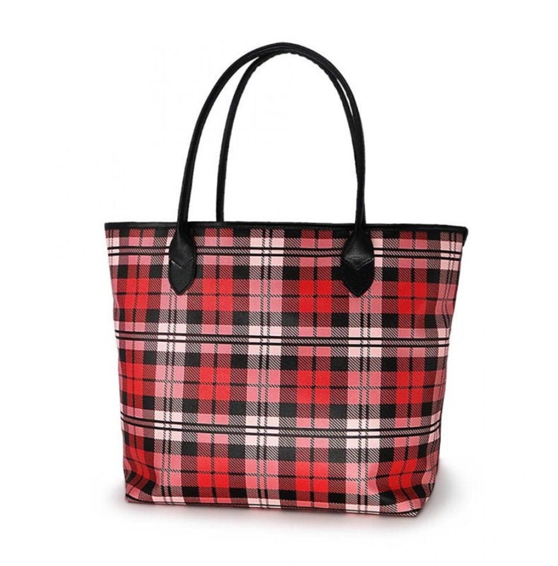 Red Plaid Tote Bag With Black Mini Purse