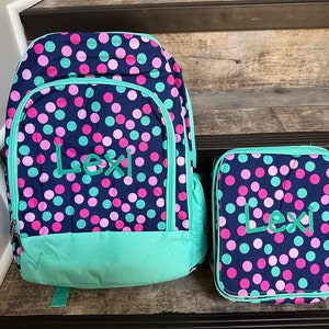 Embroidered Navy Dot and Mint Lunchbox & backpack. Girls Monogram Lunchbox and backpack set, personalized backpack and lunchbox