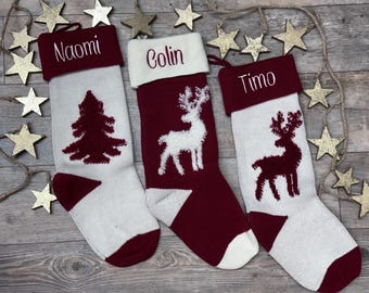 Embroidered Christmas Stockings, Personalized Christmas Stockings, Reindeer knit Stocking, Christmas knit Stocking, sweater stocking