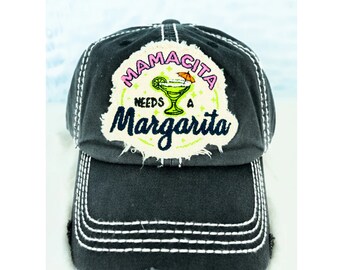 Distressed Black Mamacita Needs a Margarita Cap, Distressed Diamond Blue Mamacita Needs a Margarita hat, Ladies distressed baseball cap