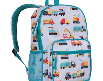 May include: A turquoise blue and white backpack with a mesh side pocket. The backpack features a colorful print of construction vehicles, including trucks, excavators, and bulldozers.