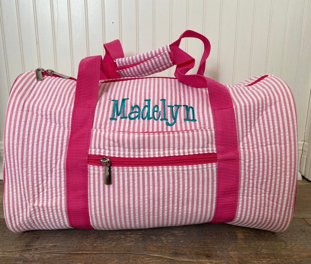 Monogrammed Duffel Bag, Personalized Pink Seersucker Kids Overnight Bag ...