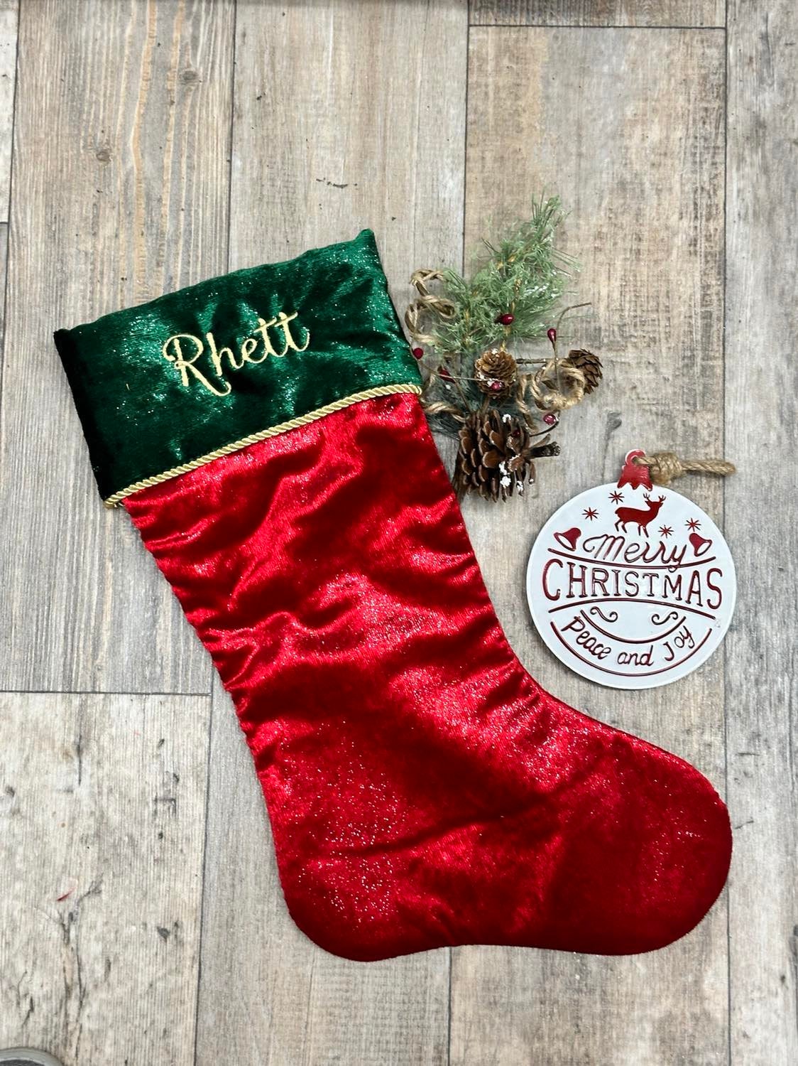 34 Adorable Christmas Stocking Ideas to Hang with Pride: Festive Flair for Your Fireplace 6 Personalize Stocking, Shiny Velveteen Stocking with Gold trim,…