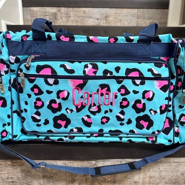 23 Inch Neon Cheetah Duffle, personalize Neon Cheetah duffle, girls duffle bag, girls cheetah travel bag, embroider duffle, sleep over bag