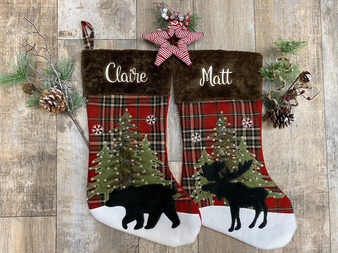 bear-or-moose-plaid-print-christmas-stocking-with-faux-fur-cuff-embroider-rustic-christmas-stocking-personalize-rustic-stocking-etsy