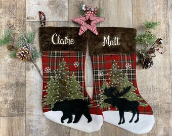 Bear or Moose Plaid Print christmas stocking with faux fur cuff, embroider rustic christmas stocking, personalize rustic stocking