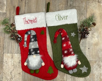 Personalized 18 inch Green Red or Gray Knit Gnome Christmas Stocking with fur cuff