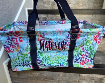 MADISON - Personalized Oopsie Collapsible Utility Tote, Collapsible Tote, Tailgate Tote, MADISON utility tote, Rainbow Cheetah Utility tote