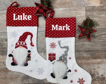 Personalized Embroidered Gnome Red White Elf Christmas Stocking