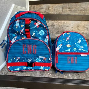 Stephen Joseph Allover Print Space Backpack set, Personalized Boy Backpack set, monogrammed backpack and lunchbox set, Space Backpack set