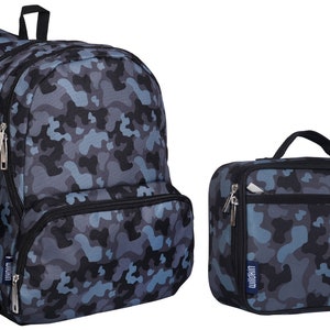 Wildkin 17 inch black camo Backpack lunchbox set, monogram backpack lunchbox set, personalized boy camo backpack lunchbox set