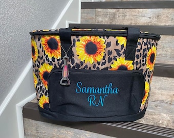 Monogrammed Leopard Sunflower Cooler Bag, Personalized Cooler Bag, Beach Cooler, Pool Insulated cooler, Personalized cooler, Drink Carrier
