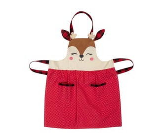 Personalized Girls child reindeer apron, kids christmas baking apron embroider with name, childs personalize christmas apron
