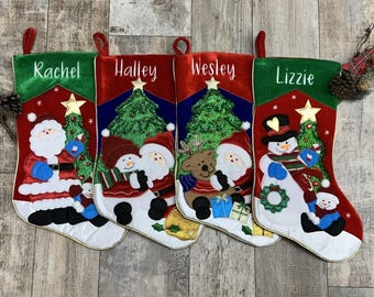 Personalized Velour Christmas Stockings, Embroidered Reindeer sock, Applique character stockings