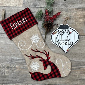Embroider buffalo plaid reindeer Stockings, Personalized Kids stocking, reindeer  burlap stocking, reindeer stocking