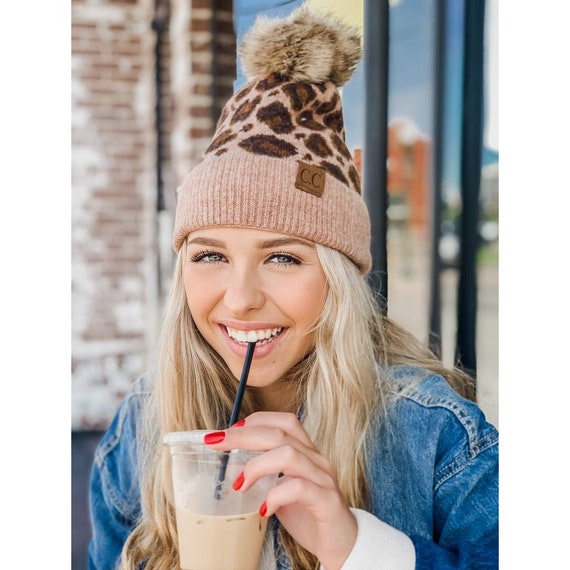 Adult Hat3513 CC Beanie Leopard Pattern Fauxfur Pom Beanie  display picture 1