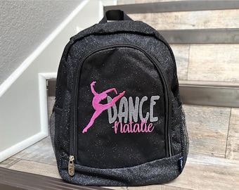 Mochila pequeña de baile NGIL con purpurina negra, mochila con monograma para niños pequeños con purpurina, mochila de baile personalizada, mochila de baile negra con purpurina