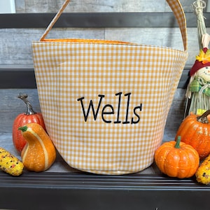 Easter Basket, Personalized Halloween basket, embroidered halloween basket, black and orange check halloween buckets, check baskets