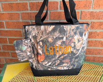 Personalized Embroidered Camouflage Tote Bag with Black Brown Trim