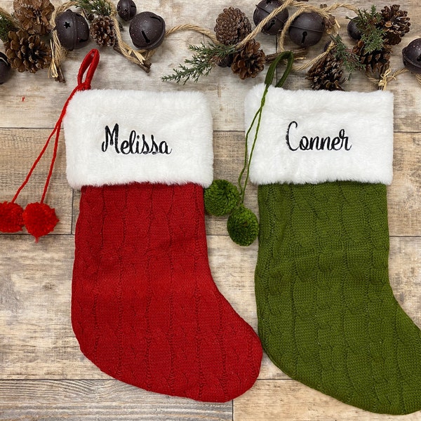 Personalize Stocking, Red Or Green Cable Knit Stocking with Fur, Sweater Knit Stocking, Knit Stocking Christmas, Large Cable Knit stocking