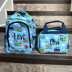 NGIL Small or Large Train Backpack, personalized train lunchbox, personalized train school bag, boys embroider backpack set
