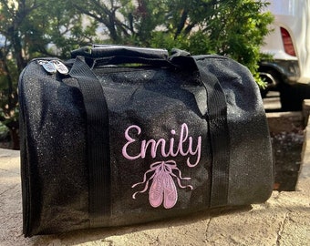 Medium 12" Black Glitter Dance Bag with Dance Shoes,  Personalize Dance Bag, Little Girl Dance Bag, Embroider Dance Bag, Toddler Dance Bag