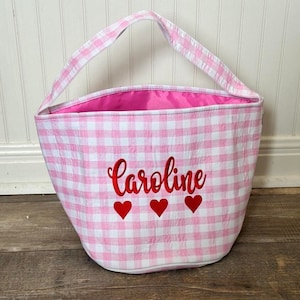 Gingham Valentine Basket, personalized heart basket, embroidered valentine basket, personalized heart basket, kids valentine bucket.