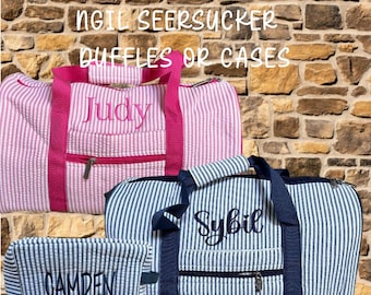 Personalized Embroidered Monogrammed NGIL kids overnight travel seersucker duffel bag toiletry case