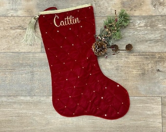 Dark Red Christmas stocking with Gold trim and tassel, embroider red velvet christmas stocking, personalize stocking