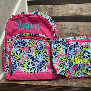 Personalized backpack lunchbox, embroidered backpack, girls floral backpack lunchbox, girls backpack set, monogrammed backpack lunchbox