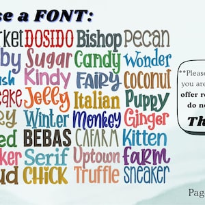 Może przedstawiać: Obraz przedstawiający r&oacute;żne style czcionek w r&oacute;żnych kolorach, w tym Varsity, Market i Aurora. Tekst brzmi "Choose a FONT:" i zawiera notatkę o podglądach i zamiennikach. Widoczna jest r&oacute;wnież informacja "Page 1 of 3 for fonts".
