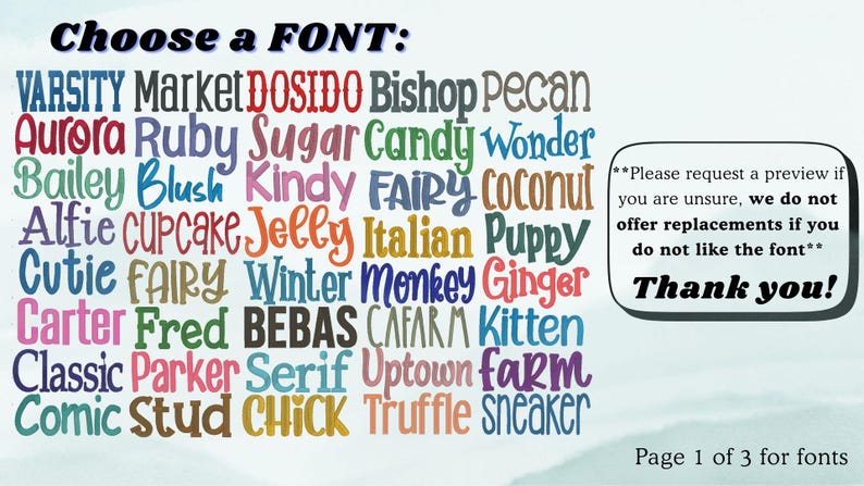 Może przedstawiać: Obraz przedstawiający r&oacute;żne style czcionek w r&oacute;żnych kolorach, w tym Varsity, Market i Aurora. Tekst brzmi "Choose a FONT:" i zawiera notatkę o podglądach i zamiennikach. Widoczna jest r&oacute;wnież informacja "Page 1 of 3 for fonts".