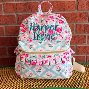 Personalized Embroidered Pink Flower Girls Ruffle Backpack, Toddler Girl Floral Book Bag, Daycare Backpack image 3