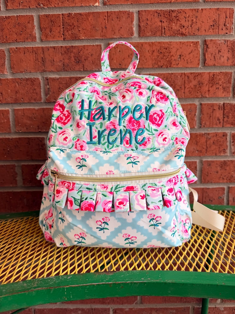 Personalized Embroidered Pink Flower Girls Ruffle Backpack, Toddler Girl Floral Book Bag, Daycare Backpack image 3