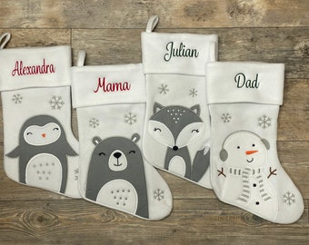 Personalize Woodland Christmas stocking, embroider stocking, white christmas stocking with Reindeer penguin fox bear stocking