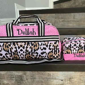 Leopard All Over Print Duffel Bag and Toiletry Bag, Personalized Stephen Joseph Leopard Duffel and Toiletry bag,girl Duffel and Toiletry Bag
