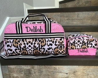 Leopard All Over Print Duffel Bag and Toiletry Bag, Personalized Stephen Joseph Leopard Duffel and Toiletry bag,girl Duffel and Toiletry Bag