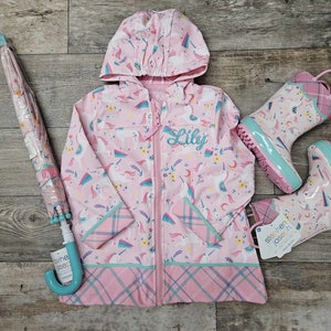 Girls Pink Unicorn Raincoat Set, Kids Rain jacket, Personalized Rain Jacket, unicorn Raincoat, Childrens Raincoat Set, Gift For girl image 1