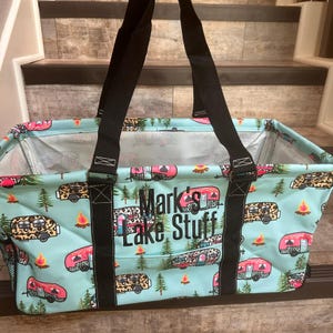 Monogrammed Collapsible Happy Glamper Utility Tote, Collapsible Tote, Tailgate Tote, Personalized utility tote, camper Utility tote