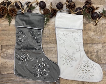 Personalize Gray or White Velour stocking with jewel accents, embroider velour Stocking, Elegant stocking, Jewel accent stocking