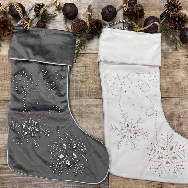 Personalize Gray or White Velour stocking with jewel accents, embroider velour Stocking, Elegant stocking, Jewel accent stocking