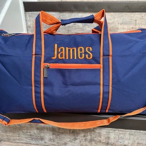 Navy with Orange Trim  Duffel Bag with Monogram, Personalized Navy with orange trim Duffel Bag, Monogram Duffle, boy duffle