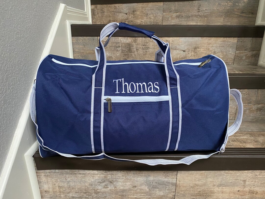 Navy Duffel Bag With Monogram, Personalized Navy With White Trim Duffel Bag, Monogram Duffle