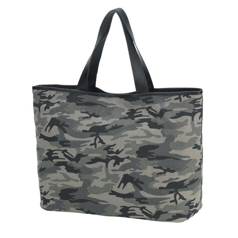 May include: A black and gray camouflage tote bag with black leather handles.