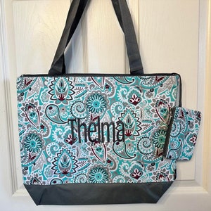 Paisley Swirl Gray and Teal Tote Bag, Shoulder Bag, Personalized shopping Tote, Womens Tote Bag, travel bag, beach tote, ngil tote bag