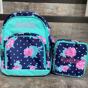 Personalized floral backpack lunchbox set, Girls peony Monogram Lunchbox and backpack set, embroider backpack and lunchbox, girls backpack
